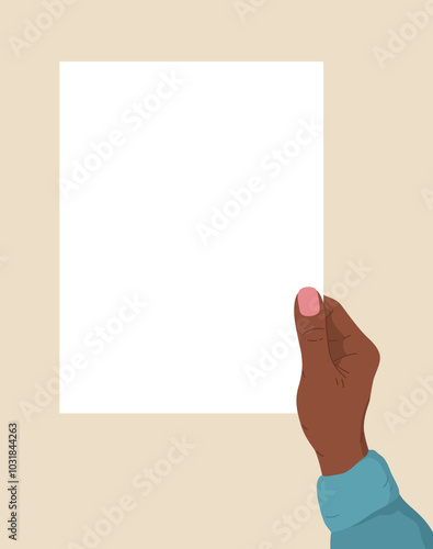 Hand drawn vector illustration of african female hand hands holding empty white paper sheet. Human arms presenting banner with copy space, blank for advertising message. Template for business, shop.