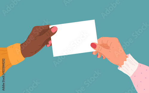 Two female multiracial hands holding white blank paper. Human arms giving business card, empty label. Template with paper sheet for information. Hand drawn vector flat illustration, cartoon style.