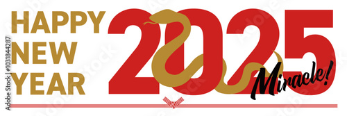 2025年をイメージしたシルエットの巳とhappy new yearの年賀状_横長
