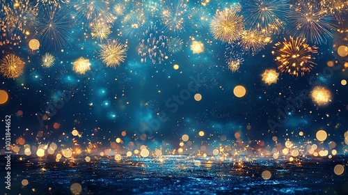 2025 New Year's Eve party banner featuring fireworks lighting up a rustic dark blue night sky, perfect for festive celebrations