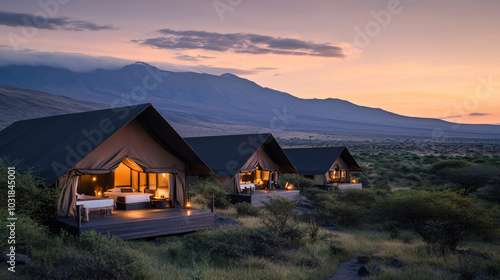 luxury tents in nature at sunset