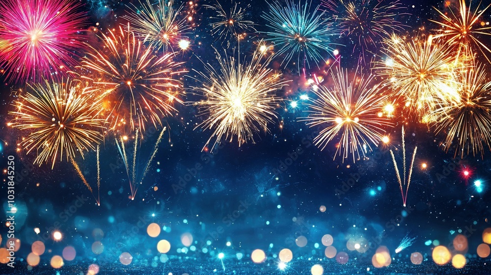 2025 New Year's Eve party banner featuring fireworks lighting up a rustic dark blue night sky, perfect for festive celebrations 2025 New Year's Eve party banner featuring fireworks lighting up a rustic dark blue night sky, perfect for festive celebrations