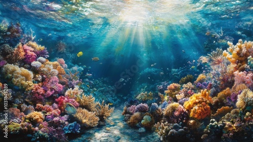 A coral reef illuminated by sunlight filtering through the water, with detailed marine life swimming among the colorful coral.