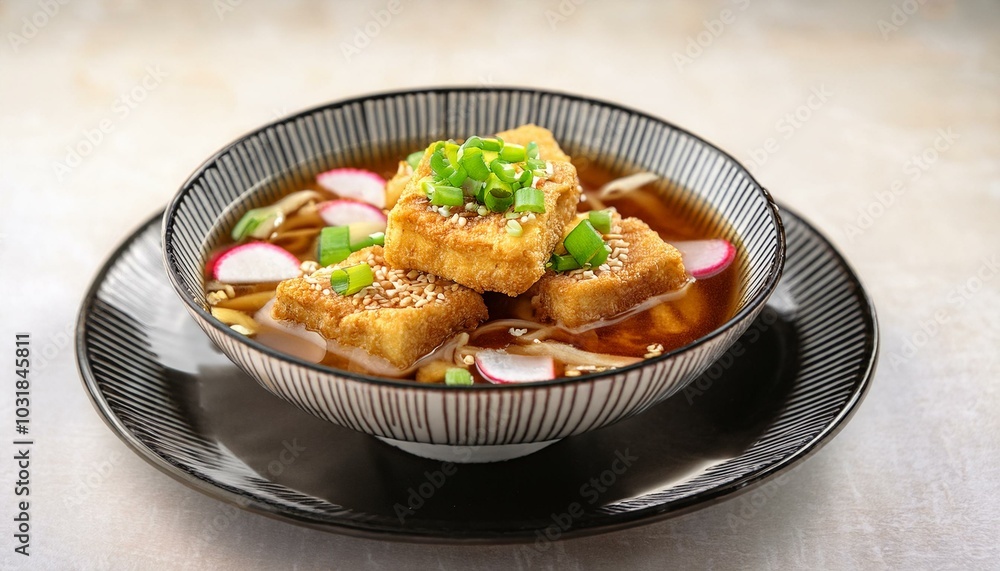 だしベースのスープでカリカリに揚げた油揚げに、大根おろし、ネギ、煎り胡麻を添え、上品な陶板に盛り付けました。 だしベースのスープでカリカリに揚げた油揚げに、大根おろし、ネギ、煎り胡麻を添え、上品な陶板に盛り付けました。