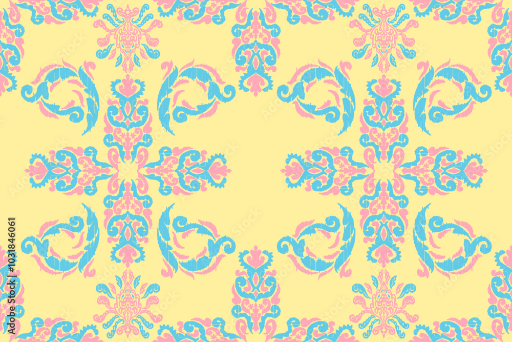 Fototapeta premium Ikat floral seamless pattern on background,damask seamless pattern,vector illustration,Ikat ethnic oriental embroidery,Aztec style,baroque.design for texture,fab,clothing,decoration,fashion.
