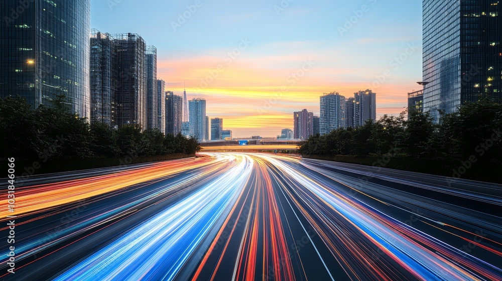 Fototapeta premium Urban Highway Light Trails at Sunset, Cityscape with Modern Buildings and Traffic Flow
