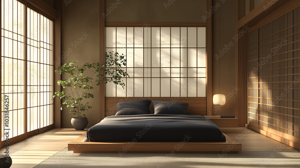 Fototapeta premium Modern bedroom with a minimalist aesthetic, platform bed with monochrome bedding, and a single plant adding a natural touch