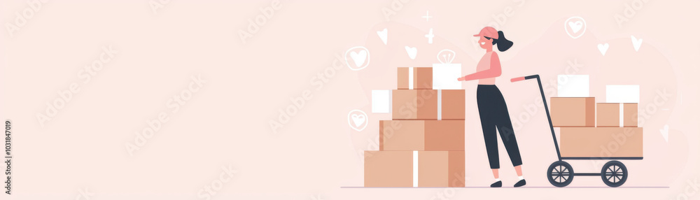 worker with trolley full of boxes is preparing for delivery in cheerful environment. scene conveys sense of productivity and organization worker with trolley full of boxes is preparing for delivery in cheerful environment. scene conveys sense of productivity and organization