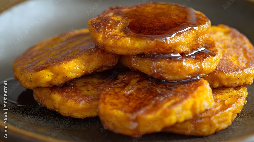 A stack of golden, syrup-drizzled pancakes on a dark plate. A stack of golden, syrup-drizzled pancakes on a dark plate.