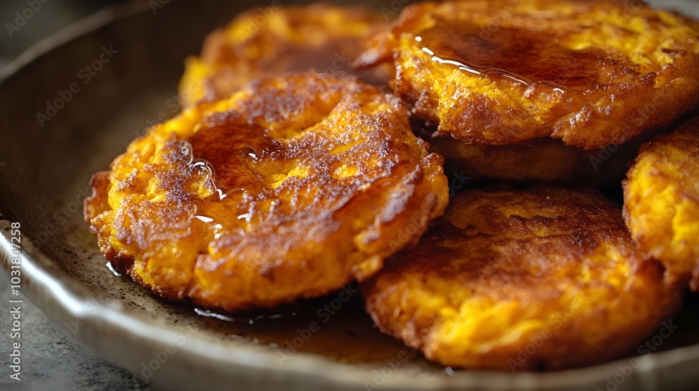 A plate of golden, crispy sweet potato fritters drizzled with syrup. A plate of golden, crispy sweet potato fritters drizzled with syrup.