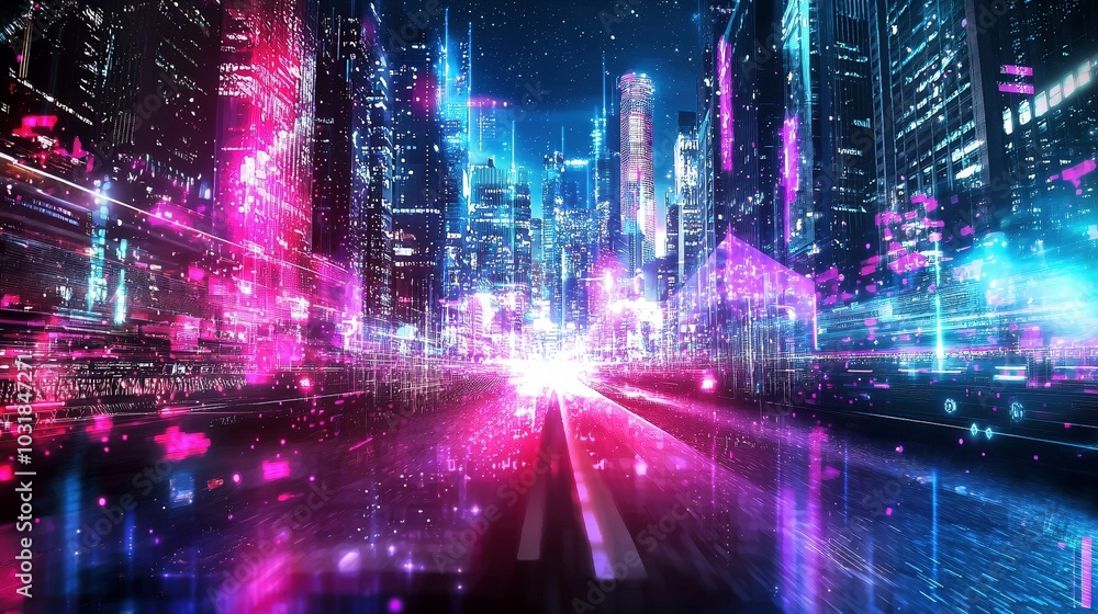 Fototapeta premium Urban skyline with glowing neon light effects, showcasing modern architecture and cutting-edge technology in a futuristic, digital design perfect for backgrounds.