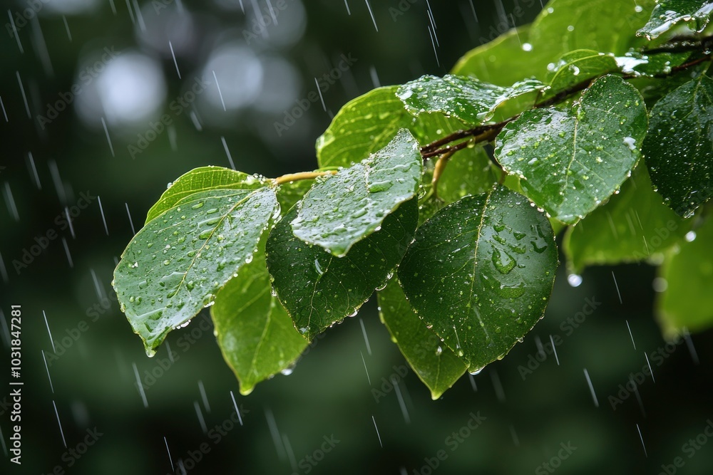 Transparent rain drops on the green leaf front of the lake - generative ai Transparent rain drops on the green leaf front of the lake - generative ai
