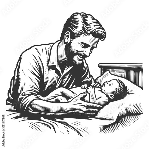 smiling father in a suit cradling his newborn baby, representing paternal love, care, and family bond sketch engraving generative ai vector illustration. Scratch board imitation. Black and white image