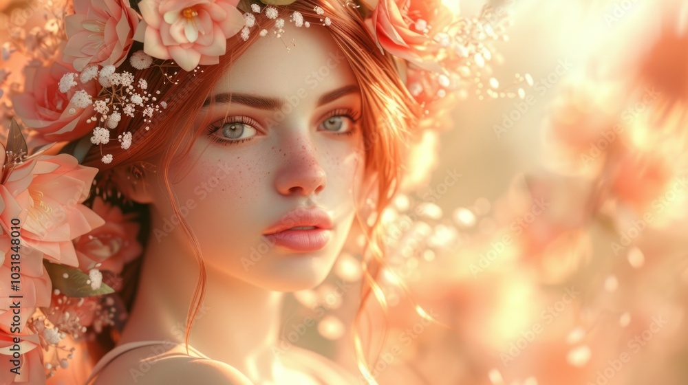 There is a woman adorned with a beautiful wreath of flowers on her head There is a woman adorned with a beautiful wreath of flowers on her head