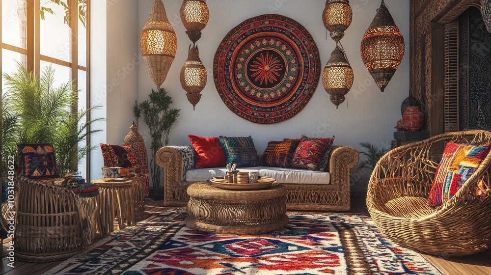 A striking bohemian-inspired living room with a kaleidoscope of colorful textiles A striking bohemian-inspired living room with a kaleidoscope of colorful textiles