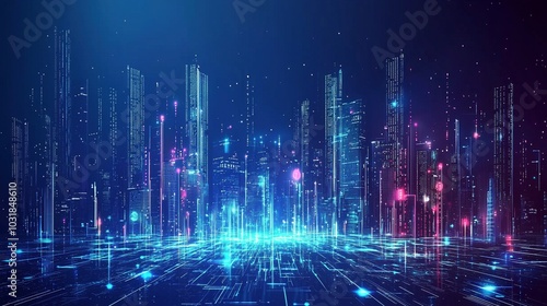 Cityscape featuring urban architecture with a neon light effect, blending space elements and a modern hi-tech vibe. Futuristic technology and digital design concept ideal for a banner background.