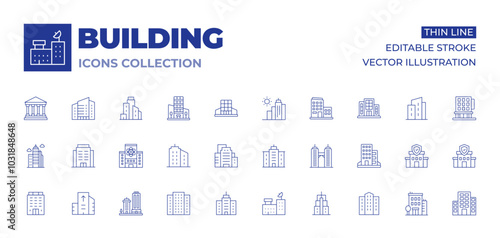 Building icons collection. Thin Line icons, editable stroke. polling place, real estate, office, building, headquarter, building trade, buildings