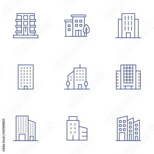 Building icons set. Thin Line style, editable stroke. apartment, building, office building