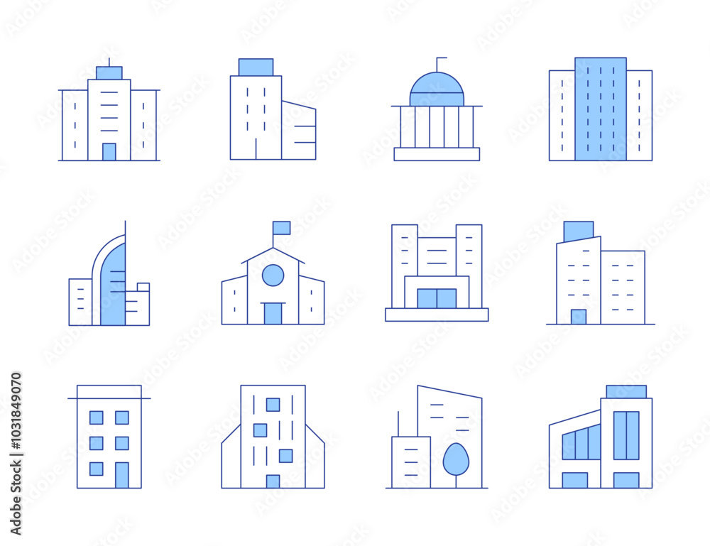 Building icons. Line Duotone style, editable stroke. building, middle school, city, government, company, headquarters, apartment Building icons. Line Duotone style, editable stroke. building, middle school, city, government, company, headquarters, apartment