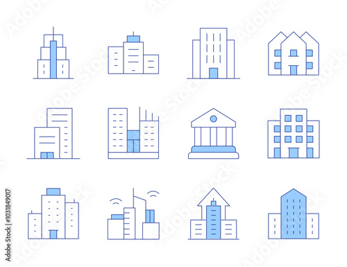 Building icons. Line Duotone style, editable stroke. apartment, building, office, company, city building, house, courthouse, smart city