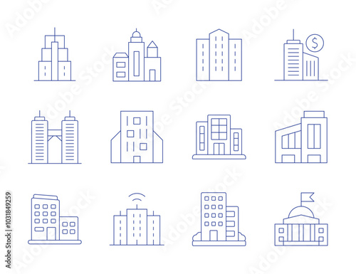 Building icons. Thin Line style, editable stroke. office, twin towers, buildings, business center, company, embassy, smart city, office building, building, building trade