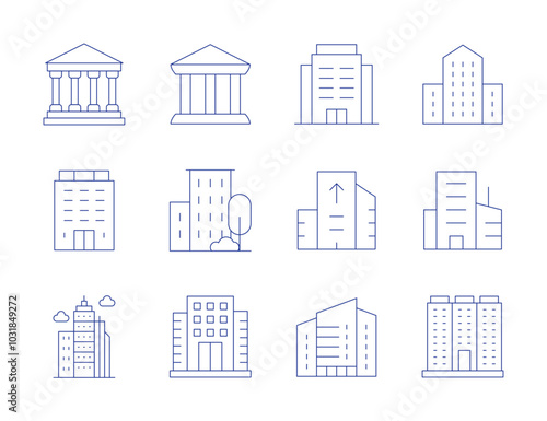 Building icons. Thin Line style, editable stroke. museum, office, polling place, real estate, skyline, skyscraper, bank, building