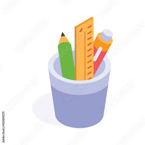 Grab this amazing icon of stationery holder in modern isometric style