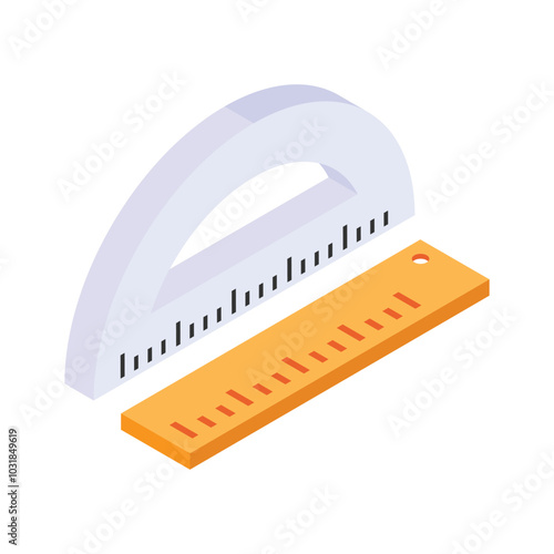 A protractor with ruler, isometric icon of geometry and mathematical measurement