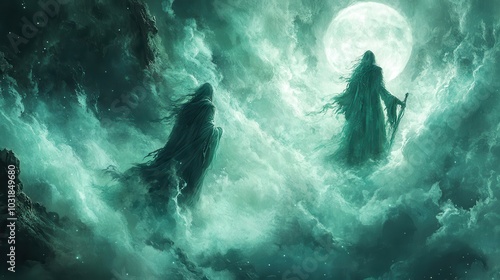 Mystical figures shrouded in fog under a glowing full moon create an ethereal, eerie atmosphere in this surreal nighttime landscape.