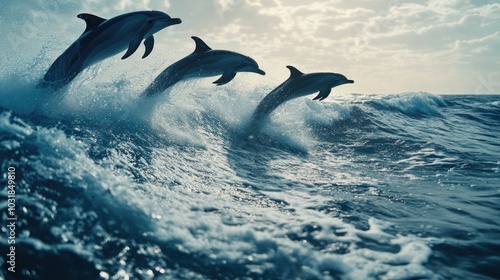 Three dolphins leap out of the water in a synchronized formation, creating a splash of water as they jump over a wave.