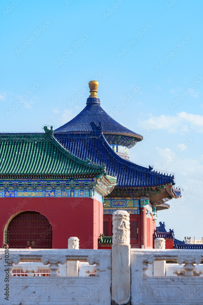 Naklejka premium Overlooking the main gate of Hall of Prayer for Good Harvest in the Temple of Heaven, a major landmark and travel destination in Beijing, China