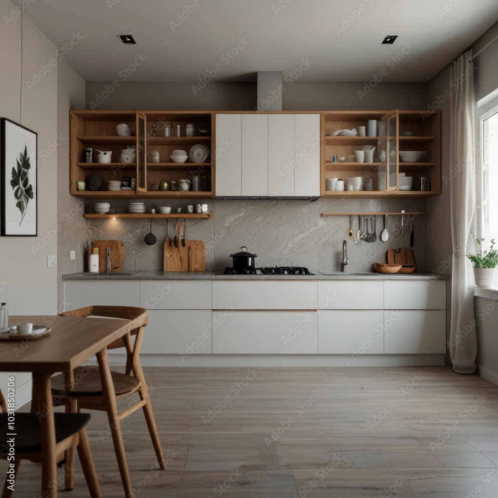 Modern kitchen with white cabinets, wooden countertop, and a dining table. Modern kitchen with white cabinets, wooden countertop, and a dining table.