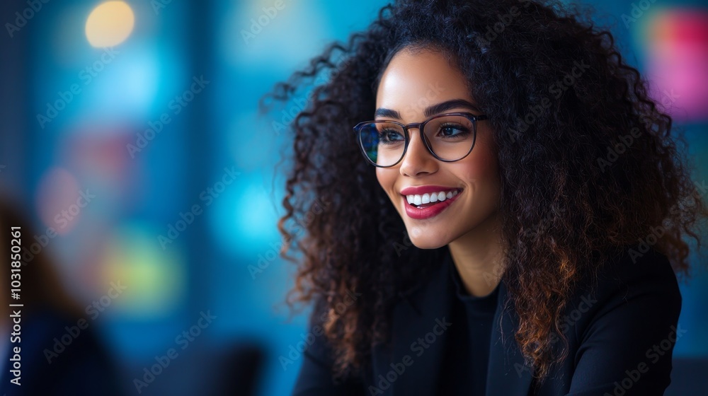 A smiling businesswoman with curly hair and glasses looks to the right, engaged in a conversation, showcasing professionalism and positive energy. A smiling businesswoman with curly hair and glasses looks to the right, engaged in a conversation, showcasing professionalism and positive energy.