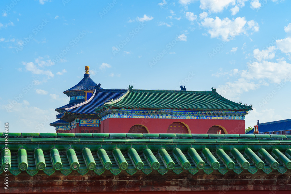 Overlooking the main gate of Hall of Prayer for Good Harvest in the Temple of Heaven, a major landmark and travel destination in Beijing, China
