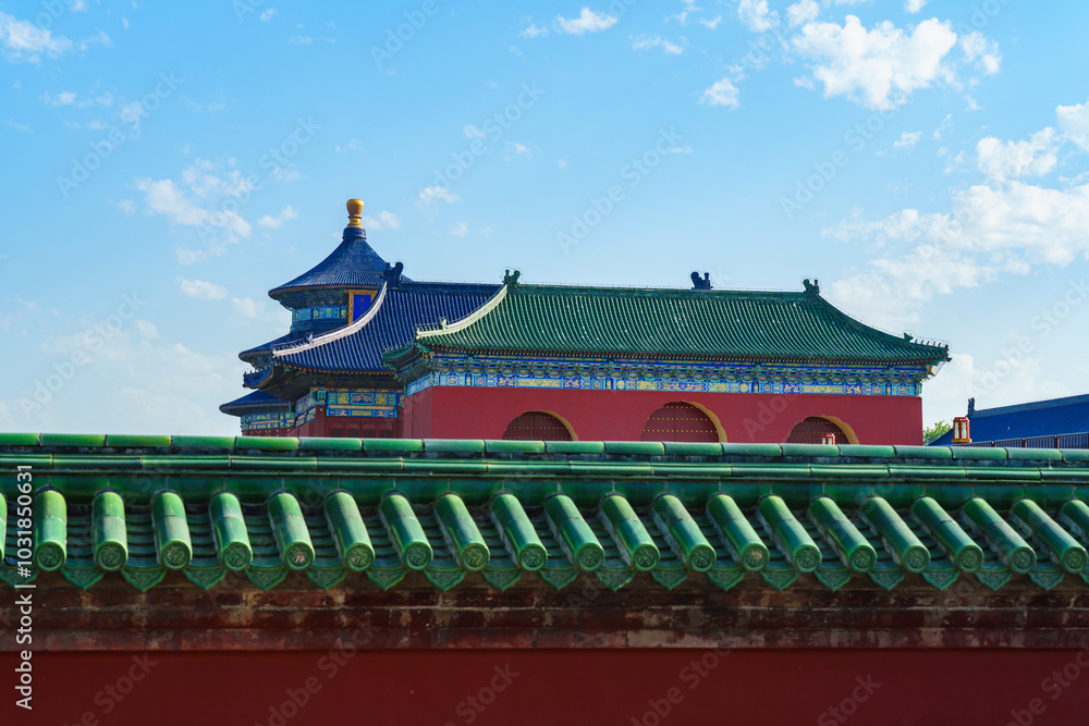 Overlooking the main gate of Hall of Prayer for Good Harvest in the Temple of Heaven, a major landmark and travel destination in Beijing, China Overlooking the main gate of Hall of Prayer for Good Harvest in the Temple of Heaven, a major landmark and travel destination in Beijing, China