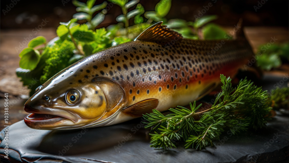 Whole brown trout on a slate platter with fresh herbs in a rustic kitchen setting Whole brown trout on a slate platter with fresh herbs in a rustic kitchen setting