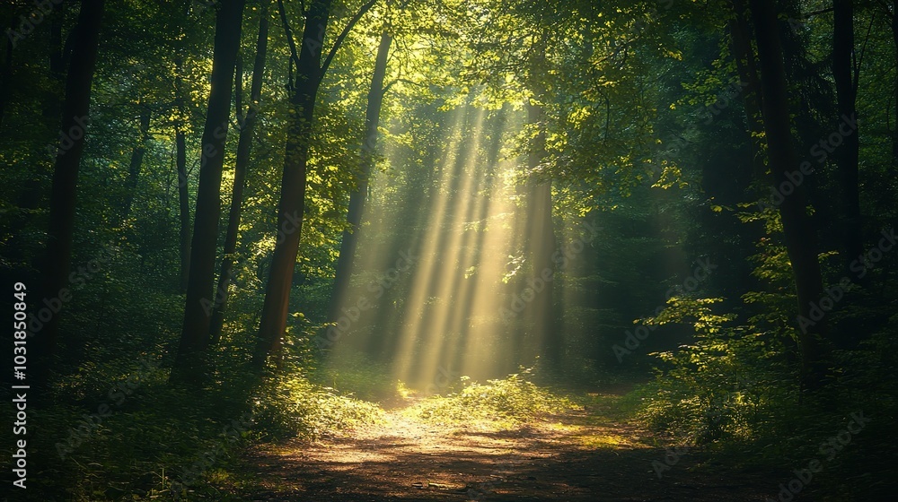 Enchanted Forest with Sunlight Beams Through Trees Enchanted Forest with Sunlight Beams Through Trees