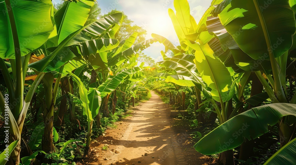 A narrow dirt path winds through a dense, vibrant banana plantation, bathed in sunlight. A narrow dirt path winds through a dense, vibrant banana plantation, bathed in sunlight.
