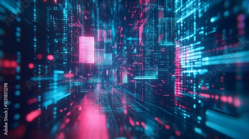 Wallpaper Mural Futuristic Digital Cityscape with Glowing Lights and Data Streams Torontodigital.ca