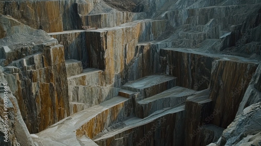 A detailed shot of a granite quarry, showing massive slabs of rock and intricate striation patterns. A detailed shot of a granite quarry, showing massive slabs of rock and intricate striation patterns.