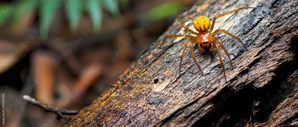 A yellow-and-black spider atop a wooden base beside a green tree trunk with foliage A yellow-and-black spider atop a wooden base beside a green tree trunk with foliage
