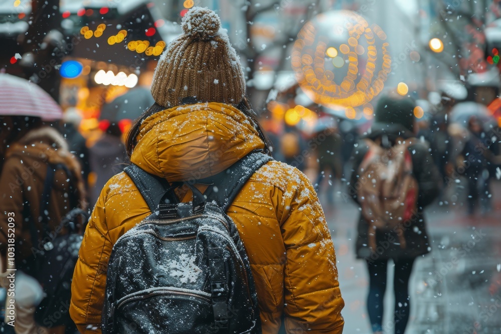 A snowy winter day in a bustling city street filled with holiday lights and festive crowds enjoying the seasonal atmosphere A snowy winter day in a bustling city street filled with holiday lights and festive crowds enjoying the seasonal atmosphere