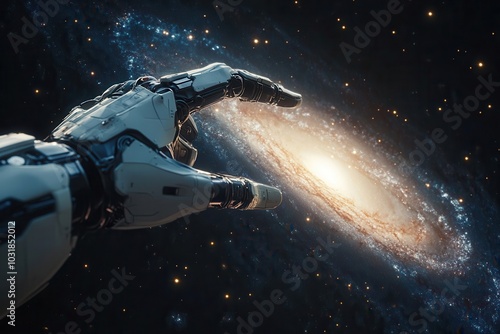 Wallpaper Mural Robotic hand reaching towards swirling galaxy, representing technology's connection with the universe, innovation, and future exploration. Torontodigital.ca