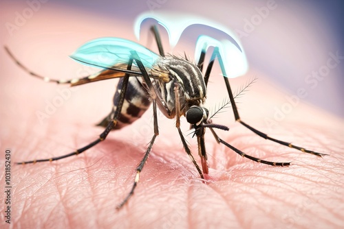 A close-up view of a mosquito, which appears to be in the process of feedin photo