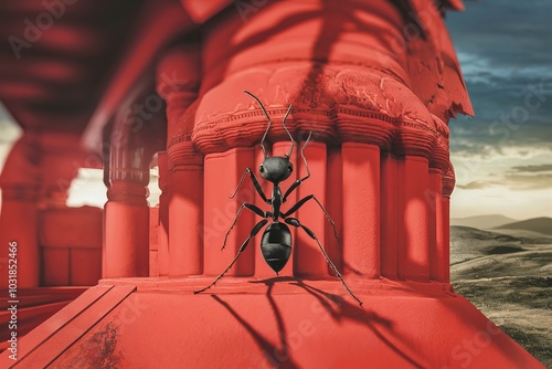 A close-up view of an ant standing on a vibrant red structure photo