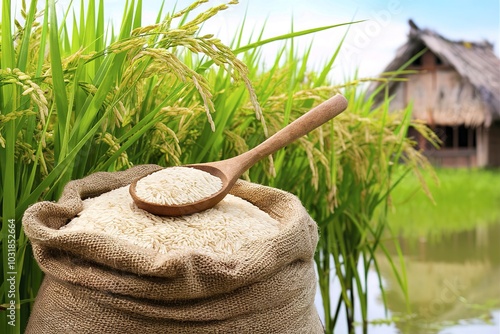 a sack of rice with rice on wooden spoon and rice plant