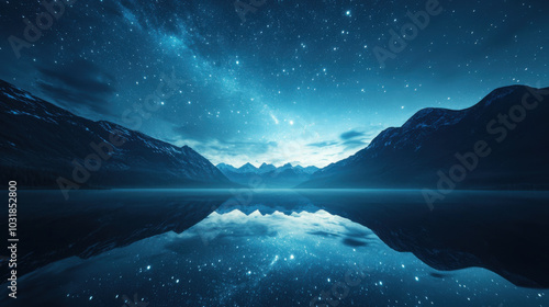 serene night landscape featuring tranquil river reflecting starry sky and mountains. deep blue hues create calming atmosphere, perfect for stargazing and nature appreciation