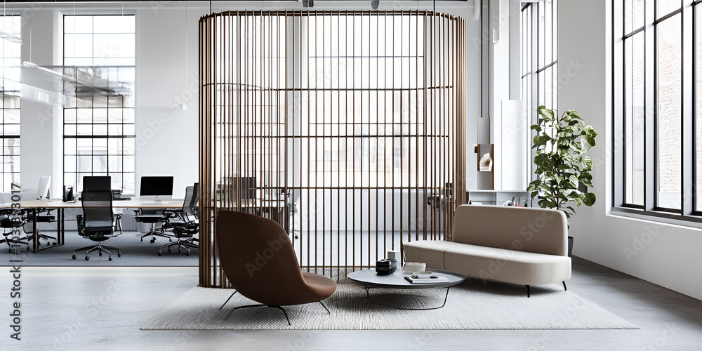 Contemporary Office Lobby with Stylish Wooden Partition Contemporary Office Lobby with Stylish Wooden Partition