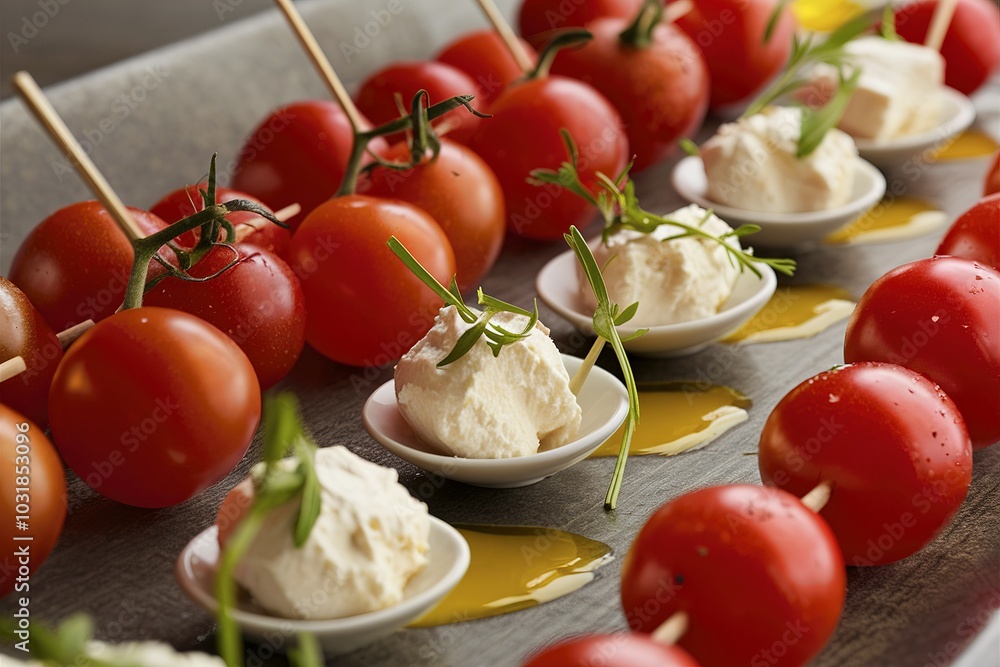 Appetizers with ricotta cheese and cherry tomatoes on serving tray Appetizers with ricotta cheese and cherry tomatoes on serving tray