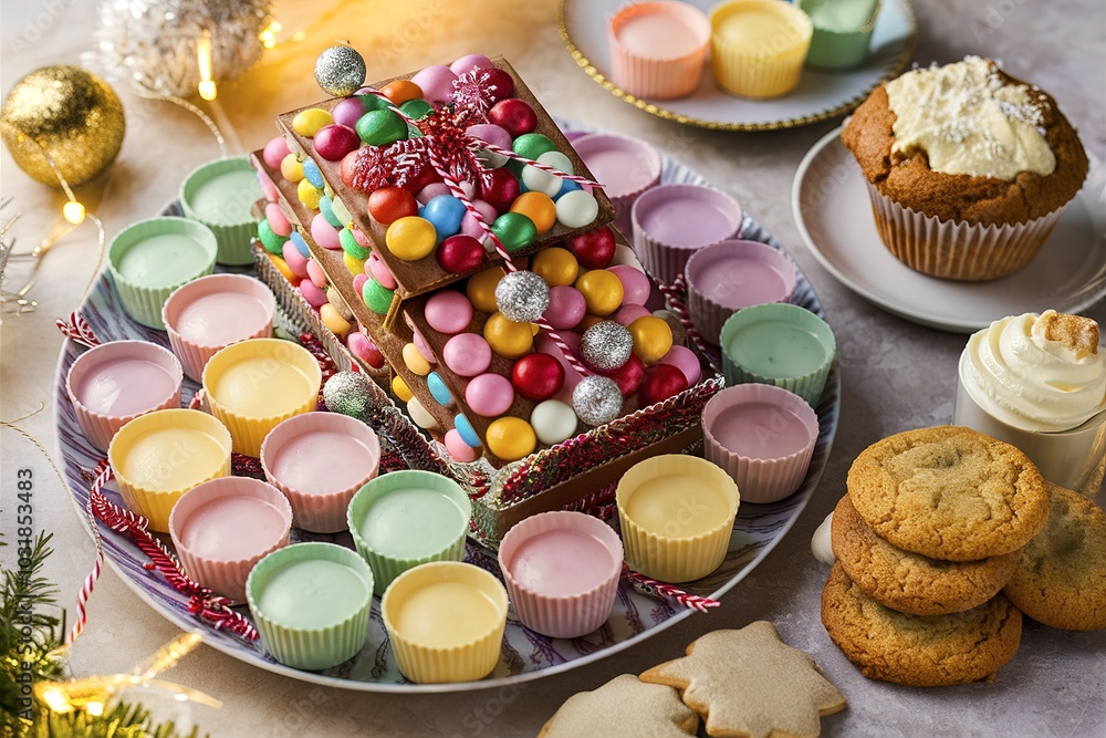 Candy bar for the holiday with muffin and cream, tangerine panna kota , desserts on the table Candy bar for the holiday with muffin and cream, tangerine panna kota , desserts on the table